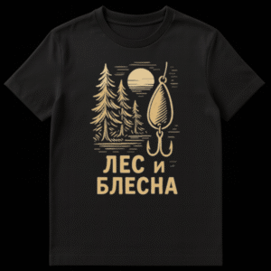 Black t-shirt with a golden-brown linocut design of pine trees, a full moon, and a fishing lure, with Russian text below. on Black t-shirt