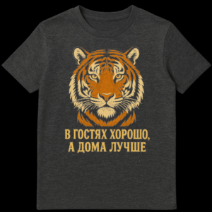 Close-up of a t-shirt featuring a stylized, distressed orange and beige tiger face with bold vintage Russian text underneath that translates to 'Guests are good, but home is better.' on Dark Heather t-shirt