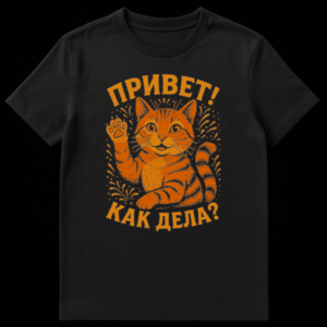Close-up of a t-shirt featuring a friendly orange striped cat waving with "ПРИВЕТ!" above and "КАК ДЕЛА?" below, in a vintage textured illustration style. on Black t-shirt