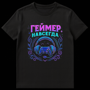 Vibrant neon gaming t-shirt with headphones over a controller, swirls, stars, and 'Gamer Forever' text in Russian, on a white background. on Black t-shirt
