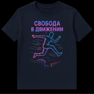 Close-up of a t-shirt featuring a neon pink-to-blue gradient design of a person leaping over rooftops with speed lines and Russian text 'СВОБОДА В ДВИЖЕНИИ'. on Navy Blue t-shirt