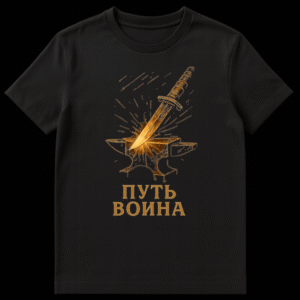 Dark t-shirt mockup featuring a stylized golden dagger plunged into an anvil, surrounded by sparks, with the Russian text 'ПУТЬ ВОИНА' below, in a dark, gritty illustrative style. on Black t-shirt