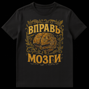 Vintage Russian T-shirt design with an ornate gold, brown, and black brain surrounded by leaves and scrolls, with the text 'ВПРАВЬ МОЗГИ' on Black t-shirt