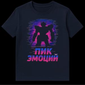 T-shirt with a black mecha silhouette against a pink, purple, and blue glitch-art sunset, with pixelated Cyrillic text "ПИК ЭМОЦИЙ" below it. on Navy Blue t-shirt