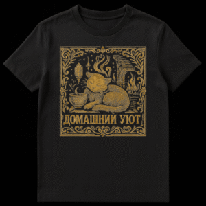 T-shirt with a gold-on-black woodcut style print of a sleeping cat, steaming cup, and fireplace, framed ornately, with Russian text 'ДОМАШНИЙ УЮТ' below. on Black t-shirt