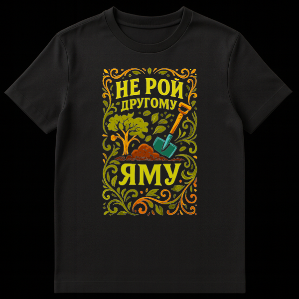 Close-up of a t-shirt featuring a folk-art design with a small tree, pile of dirt, and a shovel, framed by swirling leaves. The Russian text 'НЕ РОЙ ДРУГОМУ ЯМУ' is visible below the illustration. on Black t-shirt