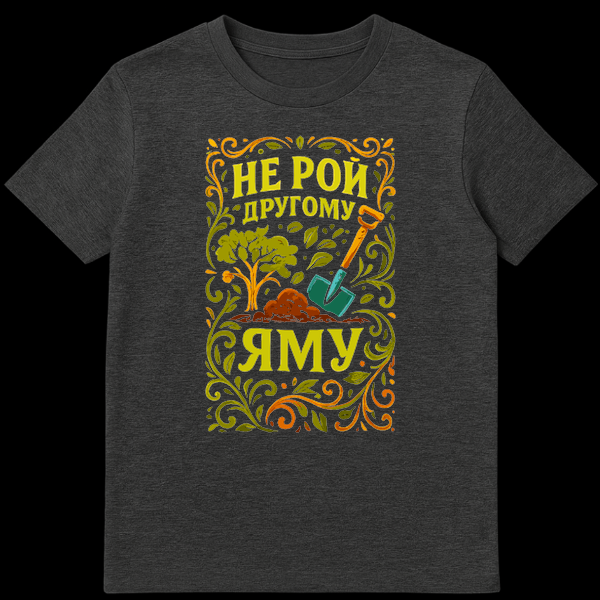 Close-up of a t-shirt featuring a folk-art design with a small tree, pile of dirt, and a shovel, framed by swirling leaves. The Russian text 'НЕ РОЙ ДРУГОМУ ЯМУ' is visible below the illustration. on Dark Heather t-shirt