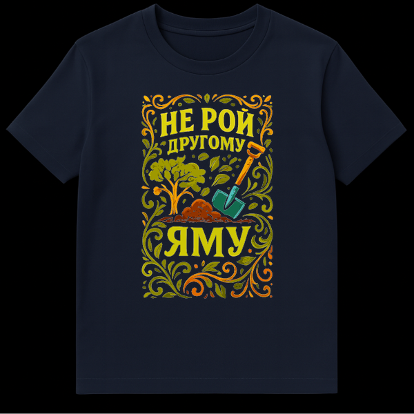 Close-up of a t-shirt featuring a folk-art design with a small tree, pile of dirt, and a shovel, framed by swirling leaves. The Russian text 'НЕ РОЙ ДРУГОМУ ЯМУ' is visible below the illustration. on Navy Blue t-shirt
