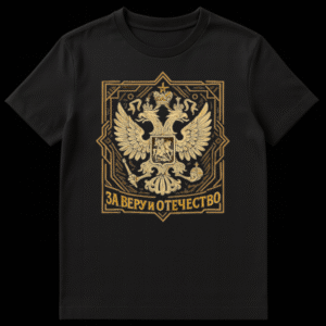 Close-up of a black t-shirt featuring a gold Russian imperial double-headed eagle emblem with a central Saint George shield, intricate Art Deco border, and 'ЗА ВЕРУ И ОТЕЧЕСТВО' text below. on Black t-shirt