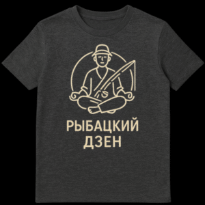 A black t-shirt mockup featuring a minimalist beige line-art illustration of a person in a fishing hat meditating in a lotus position, holding a fishing rod. Russian text "РЫБАЦКИЙ ДЗЕН" is below. on Dark Heather t-shirt