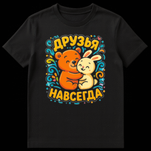 Whimsical t-shirt featuring a cute orange bear hugging a cream bunny surrounded by colorful swirls and dots, with yellow Cyrillic text 'ДРУЗЬЯ НАВСЕГДА' (Friends Forever). on Black t-shirt