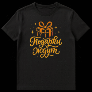 A t-shirt mockup displaying a festive design with a stylized orange gift box, a bow, and small stars, above the Russian text 'Подарки ждут' in textured orange script. on Black t-shirt