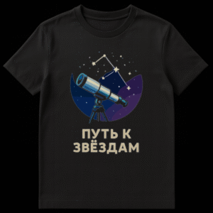 Stylized cartoon t-shirt design with a telescope pointing at a starry night sky and a constellation, set in a dark blue and purple circle. Russian text 'ПУТЬ К ЗВЁЗДАМ' below. on Black t-shirt