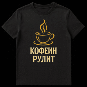 Mockup of a t-shirt featuring a stylized gold outline of a steaming coffee cup and saucer with the Russian text "КОФЕИН РУЛИТ" (Caffeine Rules) below it. on Black t-shirt