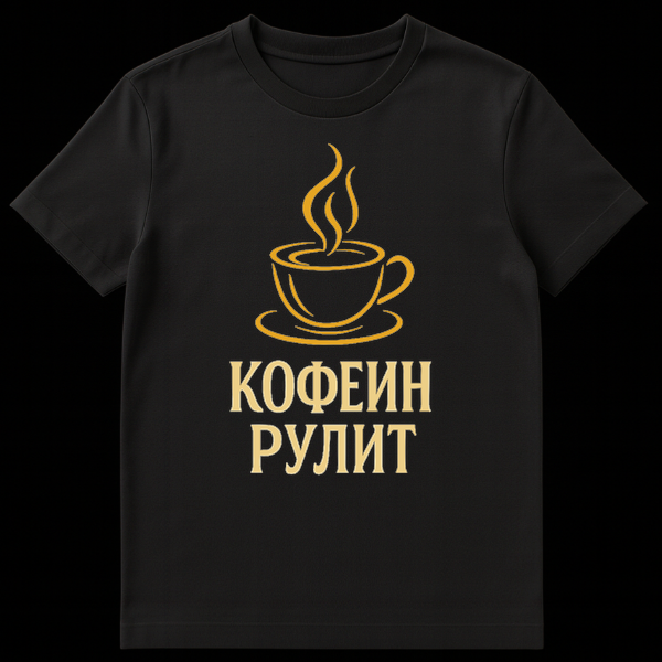 Mockup of a t-shirt featuring a stylized gold outline of a steaming coffee cup and saucer with the Russian text "КОФЕИН РУЛИТ" (Caffeine Rules) below it. on Black t-shirt