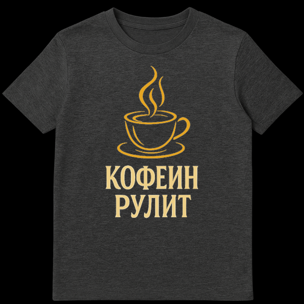 Mockup of a t-shirt featuring a stylized gold outline of a steaming coffee cup and saucer with the Russian text "КОФЕИН РУЛИТ" (Caffeine Rules) below it. on Dark Heather t-shirt