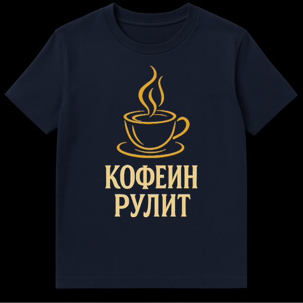 Mockup of a t-shirt featuring a stylized gold outline of a steaming coffee cup and saucer with the Russian text "КОФЕИН РУЛИТ" (Caffeine Rules) below it. on Navy Blue t-shirt