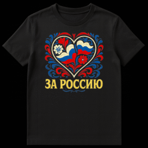 Close-up of a t-shirt featuring a large heart outline filled with red, blue, and white floral and swirling folk art motifs. Below the heart, the yellow Cyrillic text 'ЗА РОССИЮ' (FOR RUSSIA) is visible. on Black t-shirt