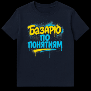 Close-up of a t-shirt featuring graffiti-style Ukrainian text 'Базарю по понятиям' in yellow and blue with paint drips and spray paint splatter effects on a dark background. on Navy Blue t-shirt