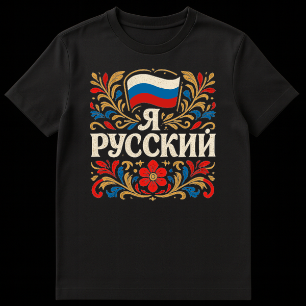 Russian T-shirt with flag, folk art, and 'Я РУССКИЙ' text in red, blue, and gold on Black t-shirt