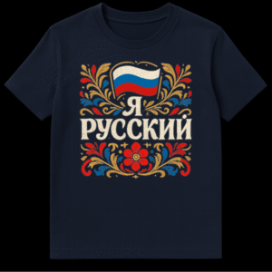 Russian T-shirt with flag, folk art, and 'Я РУССКИЙ' text in red, blue, and gold on Navy Blue t-shirt