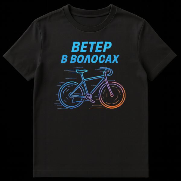 Black t-shirt mockup featuring a neon-outline bicycle design with a blue to orange gradient, and blue text 'ŠŠŠ¢ŠŠ Š ŠŠŠŠŠ”ŠŠ„' (Wind in the Hair) above it. on Black t-shirt