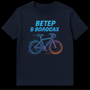 Black t-shirt mockup featuring a neon-outline bicycle design with a blue to orange gradient, and blue text 'ВЕТЕР В ВОЛОСАХ' (Wind in the Hair) above it. on Navy Blue t-shirt