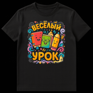 Close-up of a t-shirt featuring a cheerful cartoon illustration of personified school supplies, including smiling books and pencils, surrounded by colorful swirls and confetti. The text "ВЕСЁЛЫЙ УРОК" in bold, bubbly orange letters is prominent. on Black t-shirt
