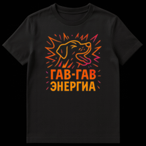 Close-up of a t-shirt featuring a vibrant orange-to-pink gradient outline of a happy barking dog's head with energetic burst lines, and bold Cyrillic text 'ГАВ-ГАВ ЭНЕРГИЯ' below it. on Black t-shirt
