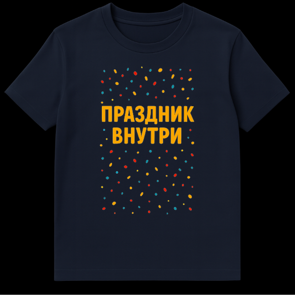 Black t-shirt with scattered red, blue, and yellow confetti dots and bold orange Russian text "ŠŠ ŠŠŠŠŠŠ ŠŠŠ£Š¢Š Š" (HOLIDAY INSIDE) on Navy Blue t-shirt