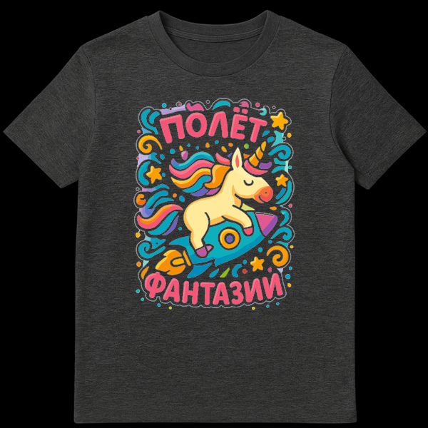 Cheerful cartoon unicorn with rainbow mane riding a blue rocket ship amidst colorful swirls and stars on a t-shirt. Russian text 'ПОЛЁТ ФАНТАЗИИ' in pink is above and below the image. on Dark Heather t-shirt