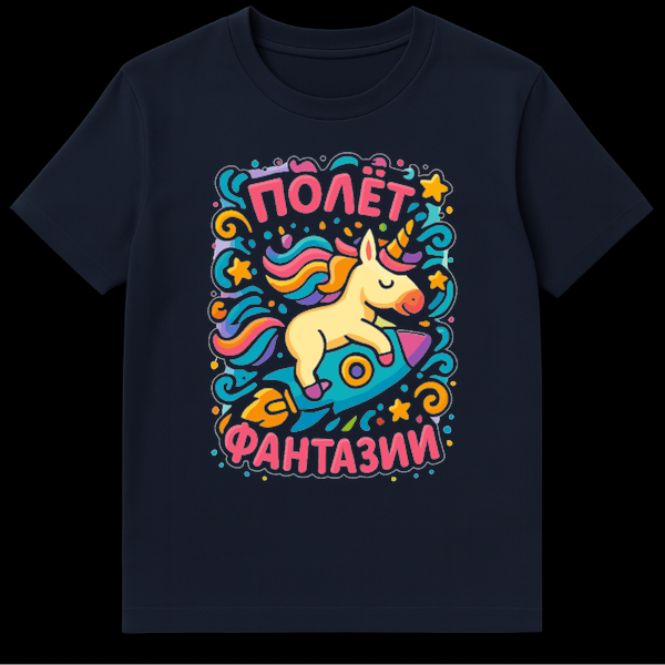 Cheerful cartoon unicorn with rainbow mane riding a blue rocket ship amidst colorful swirls and stars on a t-shirt. Russian text 'ПОЛЁТ ФАНТАЗИИ' in pink is above and below the image. on Navy Blue t-shirt
