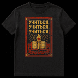 Vintage style t-shirt featuring an open book with a flaming torch, red and gold border, and Russian text "УЧИТЬСЯ, УЧИТЬСЯ, УЧИТЬСЯ" in gold letters. on Black t-shirt