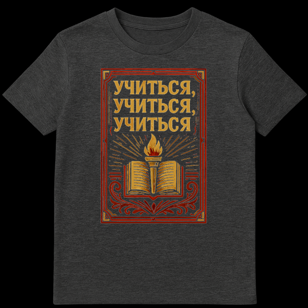 Vintage style t-shirt featuring an open book with a flaming torch, red and gold border, and Russian text "УЧИТЬСЯ, УЧИТЬСЯ, УЧИТЬСЯ" in gold letters. on Dark Heather t-shirt