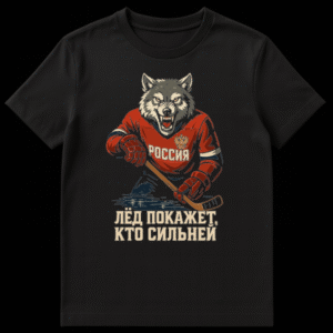 T-shirt mockup with an aggressive snarling wolf in a Russian national hockey jersey holding a stick. Text "РОССИЯ" on jersey and "ЛЁД ПОКАЖЕТ, КТО СИЛЬНЕЙ" below. on Black t-shirt