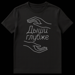 Black t-shirt featuring minimalist white outline drawings of two hands, one above and one below. Between them, the Russian text "ДЫШИ ГЛУБЖЕ" (Breathe Deeper) is written in a simple, slightly textured white font. on Black t-shirt