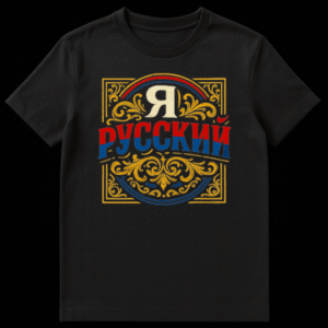 Close-up of a white t-shirt featuring ornate vintage-style typography and scrollwork in a rectangular frame. The text 'Я РУССКИЙ' (I am Russian) is prominent, with the 'Я' in cream and 'РУССКИЙ' split red and blue, mimicking the Russian flag colors. on Black t-shirt