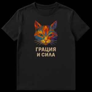Black t-shirt with a vibrant, mosaic-style stained-glass cat's head with blue eyes, and gold Cyrillic text "ГРАЦИЯ И СИЛА" below it. on Black t-shirt