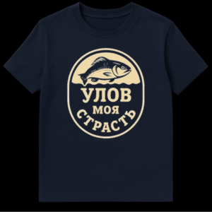 Mockup of a t-shirt featuring a black and beige circular emblem with a fish silhouette and the Russian slogan 'УЛОВ МОЯ СТРАСТЬ' (CATCH MY PASSION) in a classic, illustrative style. on Navy Blue t-shirt
