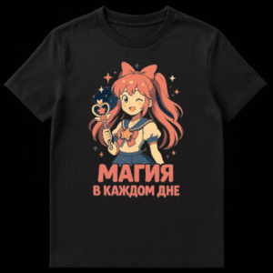 Retro anime girl t-shirt mockup with pink-haired character in sailor uniform winking, holding a magic wand, surrounded by stars. Russian text 'Magic in Every Day' is visible. on Black t-shirt