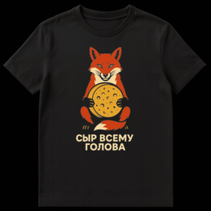 Stylized red fox holding Swiss cheese with Russian slogan 'Cheese is King' on a black t-shirt mockup. on Black t-shirt