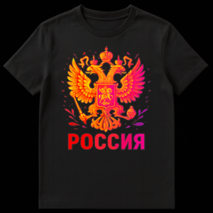 Black t-shirt featuring a neon yellow, orange, and pink gradient Russian double-headed eagle emblem with a graffiti-like outline, and the word 'РОССИЯ' (Russia) below it in a red to pink gradient. on Black t-shirt