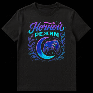 Black t-shirt mockup with a neon blue, purple, and pink design of a crescent moon, video game controller, vines, and stars. The Russian text 'Ночной режим' (Night Mode) is above the design. on Black t-shirt