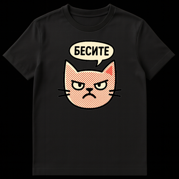 Grumpy pop-art cat head t-shirt with red polka-dot fur and a speech bubble saying "БЕСИТЕ" (You annoy me) in Russian. on Black t-shirt
