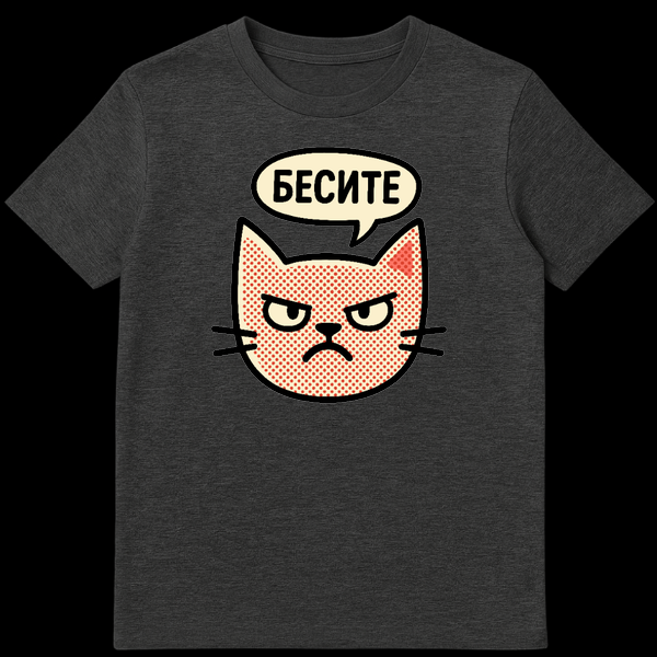 Grumpy pop-art cat head t-shirt with red polka-dot fur and a speech bubble saying "БЕСИТЕ" (You annoy me) in Russian. on Dark Heather t-shirt