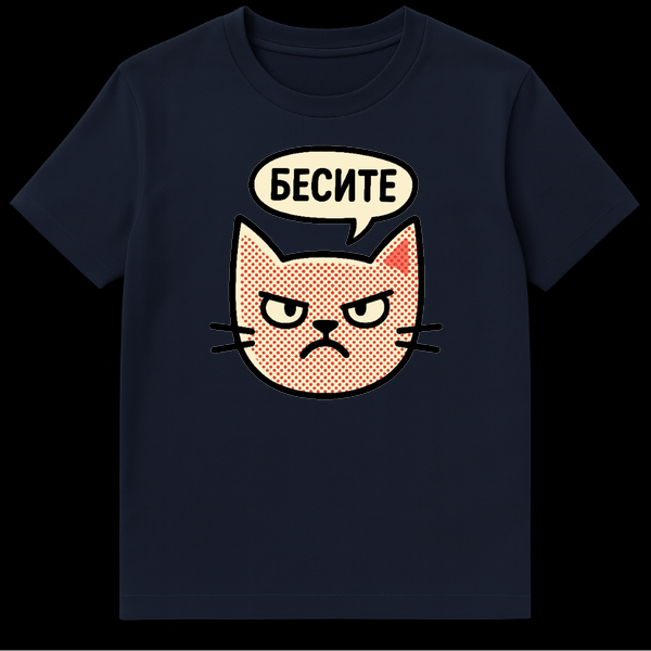 Grumpy pop-art cat head t-shirt with red polka-dot fur and a speech bubble saying "БЕСИТЕ" (You annoy me) in Russian. on Navy Blue t-shirt