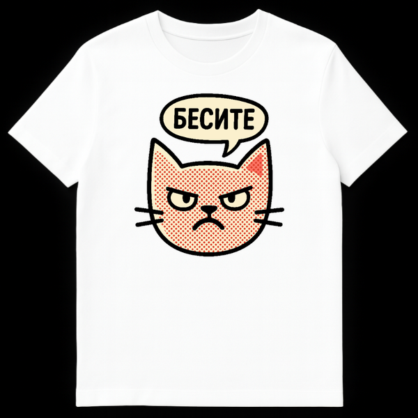 Grumpy pop-art cat head t-shirt with red polka-dot fur and a speech bubble saying "БЕСИТЕ" (You annoy me) in Russian. on White t-shirt