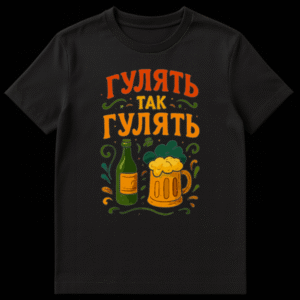 Black t-shirt with a rustic illustration of a green beer bottle and an overflowing beer mug with frothy foam. Decorative swirls in green, orange, and teal frame the imagery. The text "ГУЛЯТЬ ТАК ГУЛЯТЬ" is prominently displayed in white, evoking a celebratory and folksy vibe. on Black t-shirt