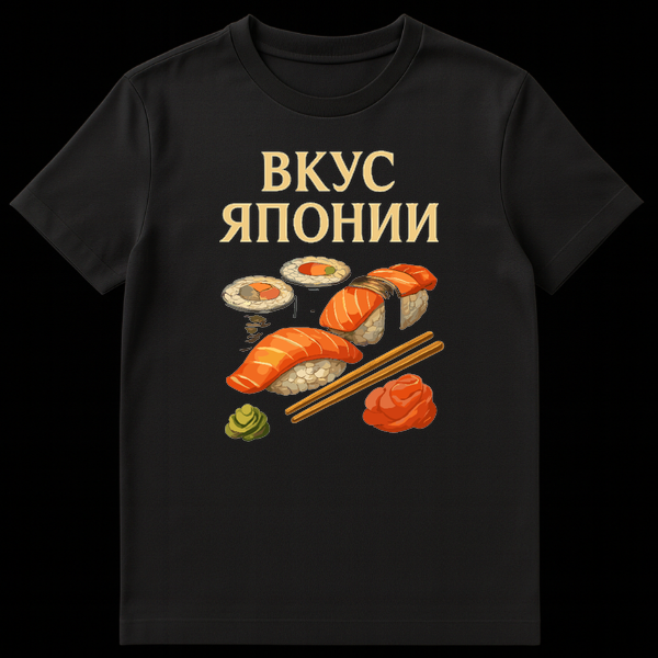 T-shirt featuring an illustrative vector art design of various sushi and sashimi, including salmon nigiri, rolls, chopsticks, wasabi, and pickled ginger. Golden Cyrillic text reads "ВКУС ЯПОНИИ" (TASTE OF JAPAN). on Black t-shirt