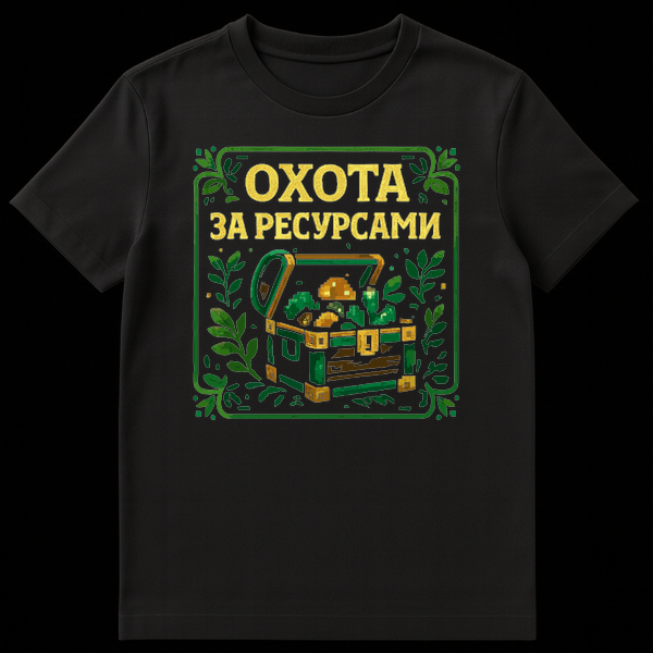 T-shirt featuring a pixel-art design of a treasure chest overflowing with resources, framed by dark green leaves, with the golden text 'ОХОТА ЗА РЕСУРСАМИ' above it. on Black t-shirt